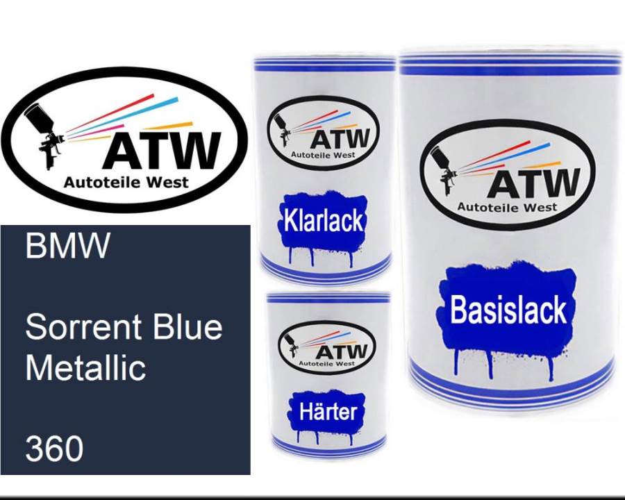 BMW, Sorrent Blue Metallic, 360: 500ml Lackdose + 500ml Klarlack + 250ml Härter - Set, von ATW Autoteile West.